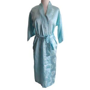 Vintage 80s Jacquard Satin Robe S M  Sea Blue Floral Kimono California Dynasty